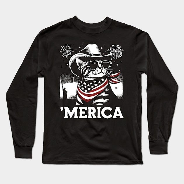 USA Flag Cat 4th of July Funny Patriotic Long Sleeve T-Shirt by KsuAnn